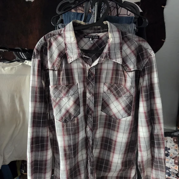 Affliction Mens Red and Black Long Sleeve Plaid Button Down Shirt - Picture 2 of 7